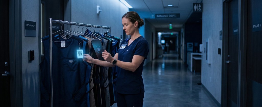 Healthcare professional scanning lead apron QR code
